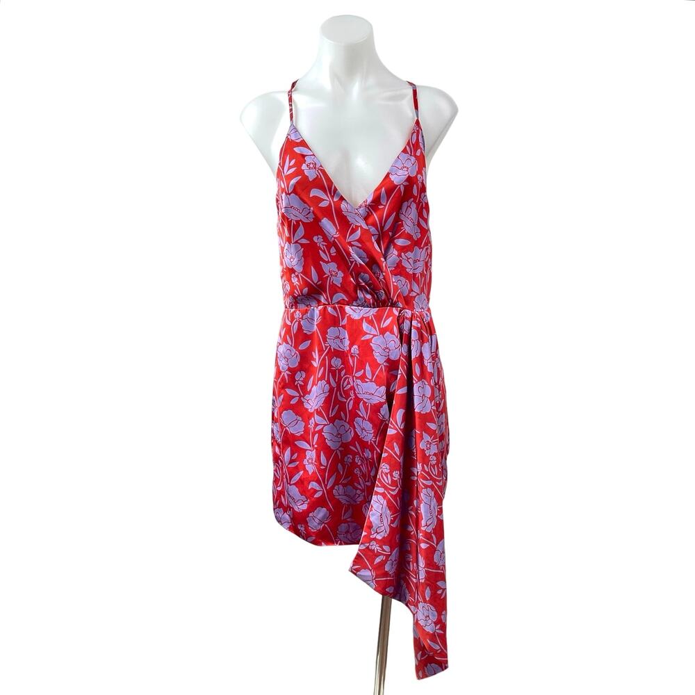 Lovers and Friends Kamala Red Floral Satin Sleeveless Drape Mini Sheath Dress M